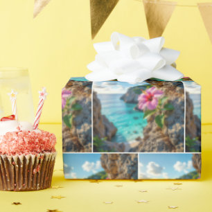 Papier Cadeau Hibiscus rose poussant sur une falaise rocheuse