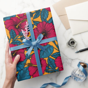 Papier Cadeau hibiscus rouge sur orange