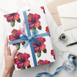 Papier Cadeau Hibiscus Tropical Rouge Mariage Floral
