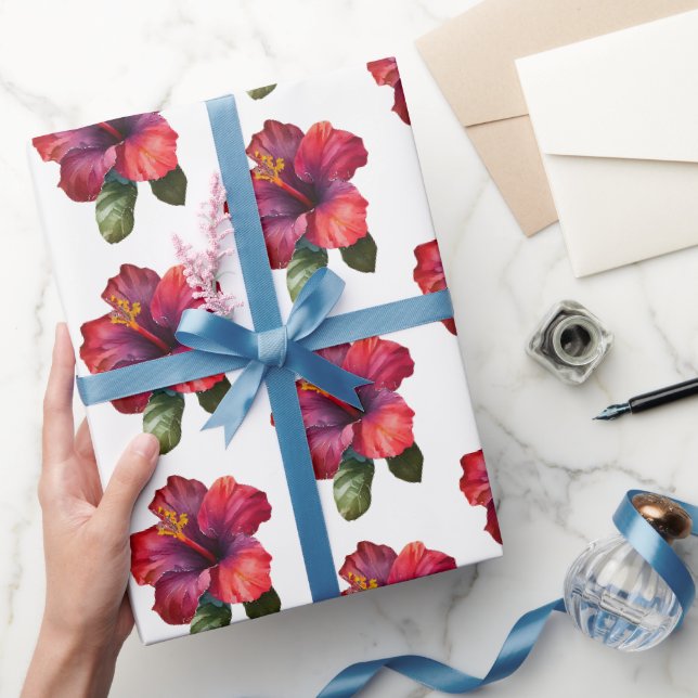 Papier Cadeau Hibiscus Tropical Rouge Mariage Floral (Cadeaux)