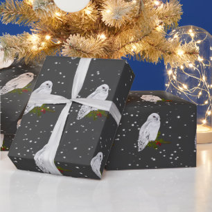 Papier Cadeau Hibou des neiges sur pin et baies