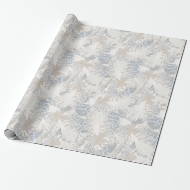 Papier Cadeau hibou Plumes, gris, beige et bleu, oiseau, léger, (Déroulé)