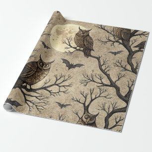 Papier Cadeau Hiboux et lune d'Halloween vintage