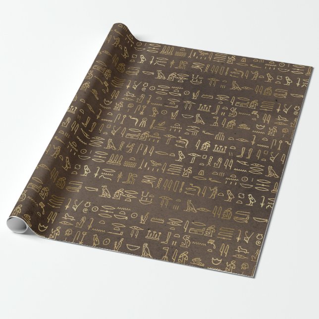 Papier Cadeau Hiéroglyphes dorés complexes sur le Papyrus foncé (Déroulé)