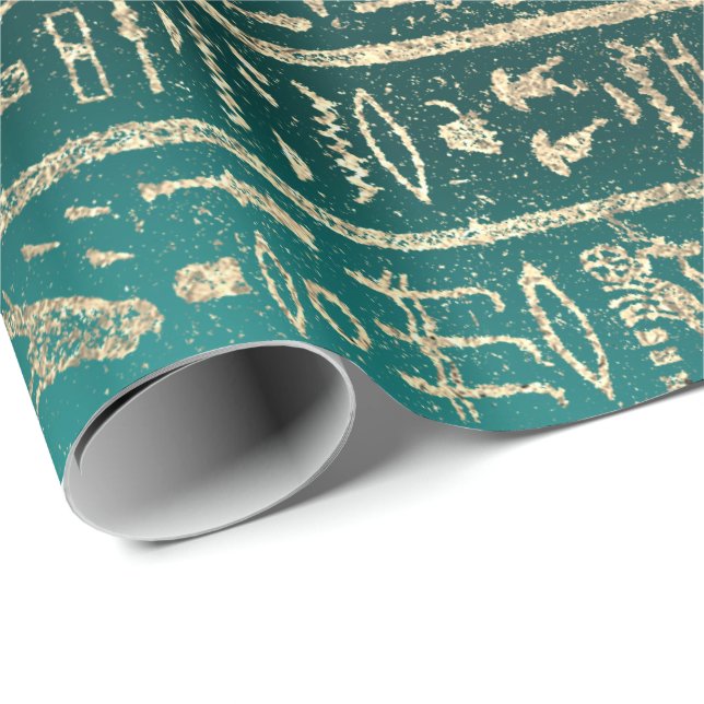 Papier Cadeau Hiéroglyphes égyptien Gold Foxier Blush Turquoise  (Coin rond)