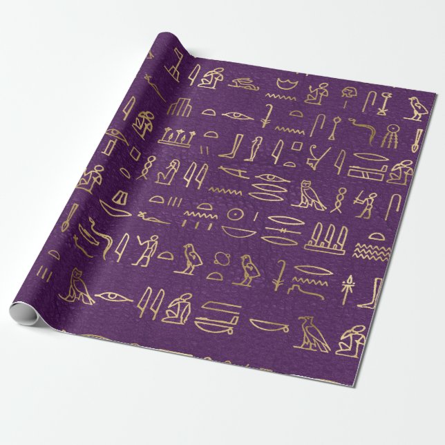 Papier Cadeau Hiéroglyphes égyptiens d'or métallique sur le viol (Déroulé)
