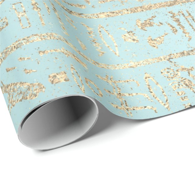 Papier Cadeau Hiéroglyphes égyptiens Gold Blue Aqua Pastel (Coin rond)