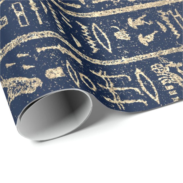 Papier Cadeau Hiéroglyphes égyptiens Gold Blue Navy Pharaons (Coin rond)