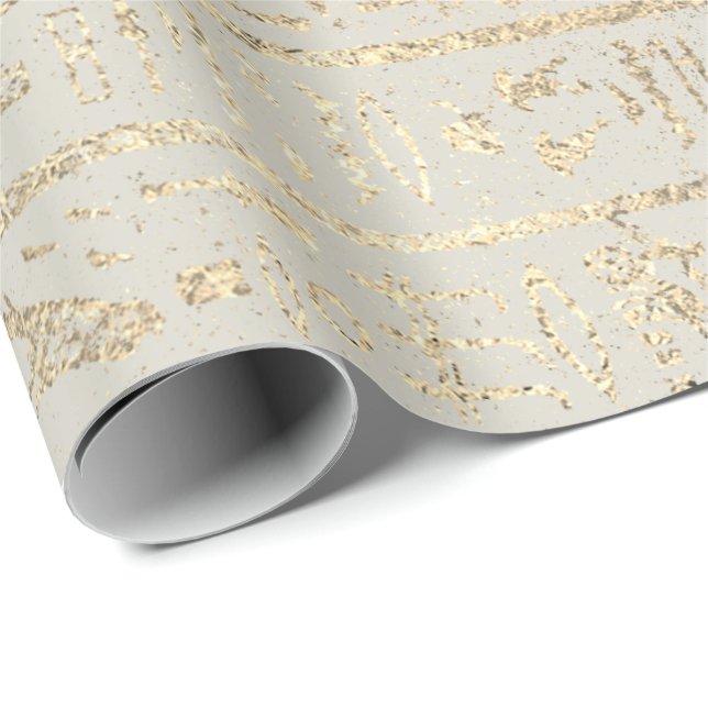 Papier Cadeau Hiéroglyphes égyptiens Gold Pastel Creamy Grey (Coin rond)