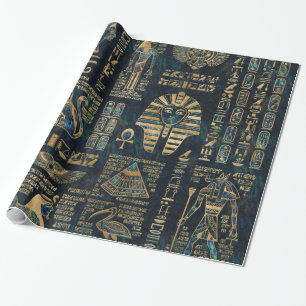 Papier Cadeau Hiéroglyphes et divinités égyptiens - ormeau et or