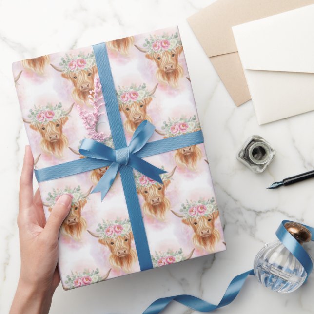 Papier Cadeau Highland Cows Pink Florals Baby Shower Birthday (Cadeaux)