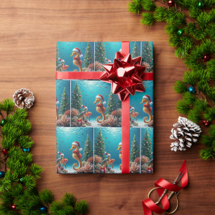 Papier Cadeau Hippocampe de Noël sous-marin et tortue de mer