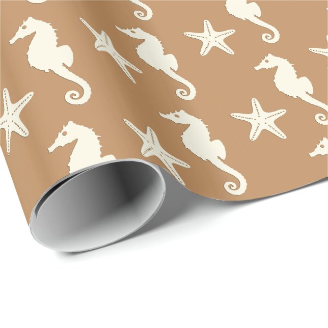 Papier Cadeau Hippocampe et étoile de mer - cacao brun et beige (Coin rond)