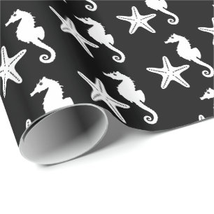 Papier Cadeau Hippocampe et étoiles de mer - blanc sur le noir