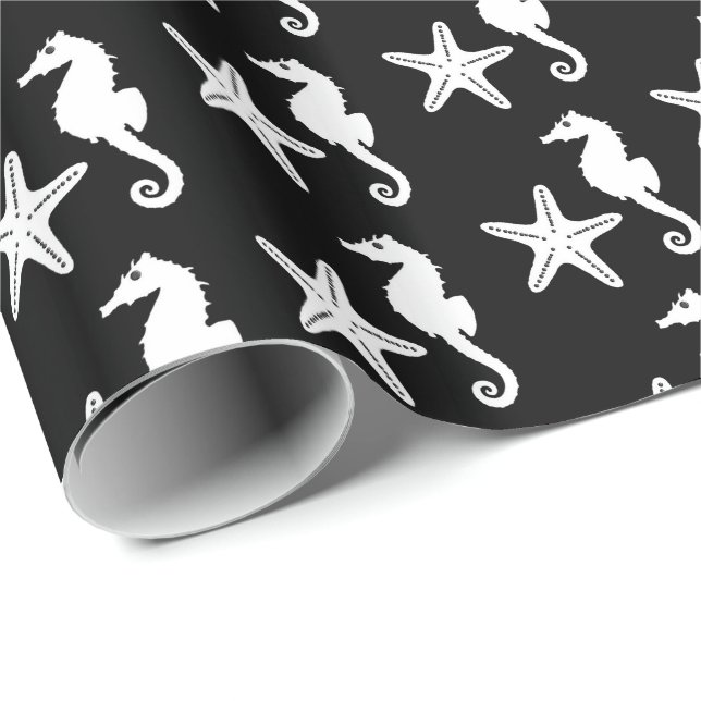 Papier Cadeau Hippocampe et étoiles de mer - blanc sur le noir (Coin rond)
