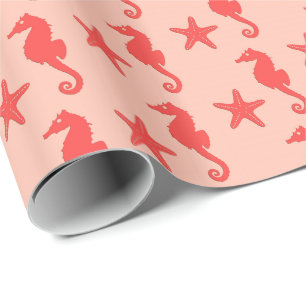 Papier Cadeau Hippocampe et étoiles de mer - nuances de corail o