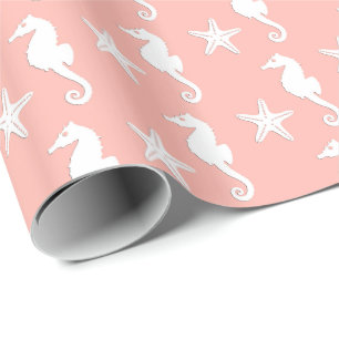 Papier Cadeau Hippocampe et étoiles de mer - rose de corail