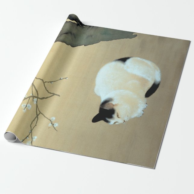Papier Cadeau Hishida Shunso Cat and Plum Blossoms (Déroulé)