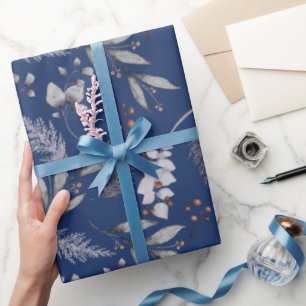 Papier Cadeau Hiver Bleu Feuille Berries Pine Festin Aquarelle