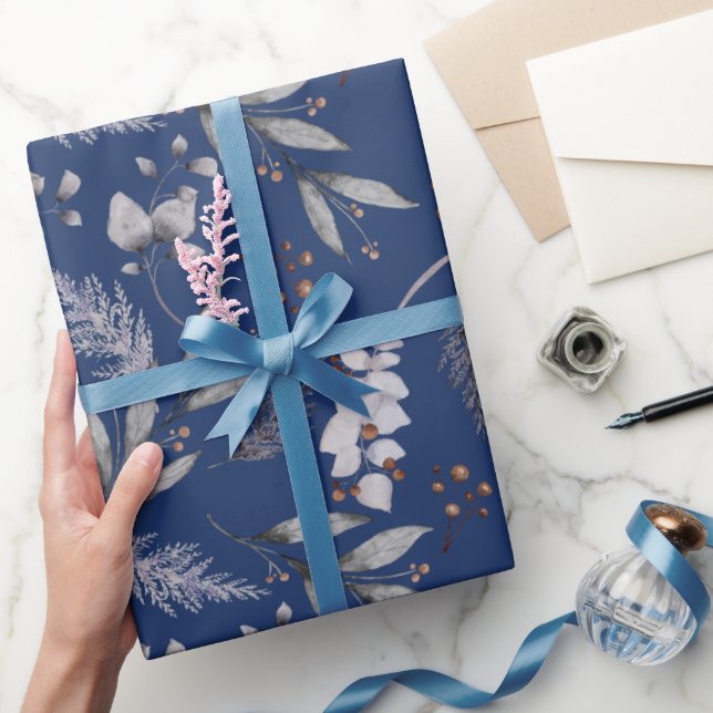Papier Cadeau Hiver Bleu Feuille Berries Pine Festin Aquarelle (Cadeaux)