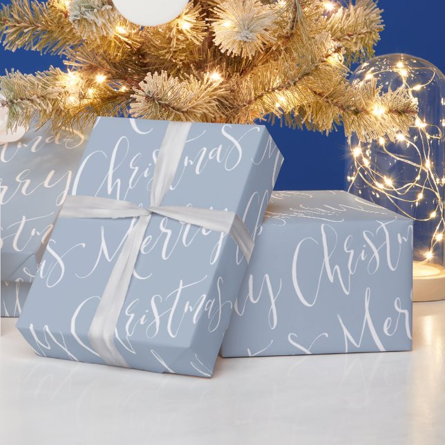 Papier Cadeau Hiver Bleu Joyeux Noël Calligraphie (Vacances)