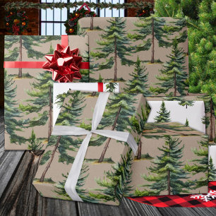 Papier Cadeau Hiver Bois Aquarelle Forêt de sapin Kraft