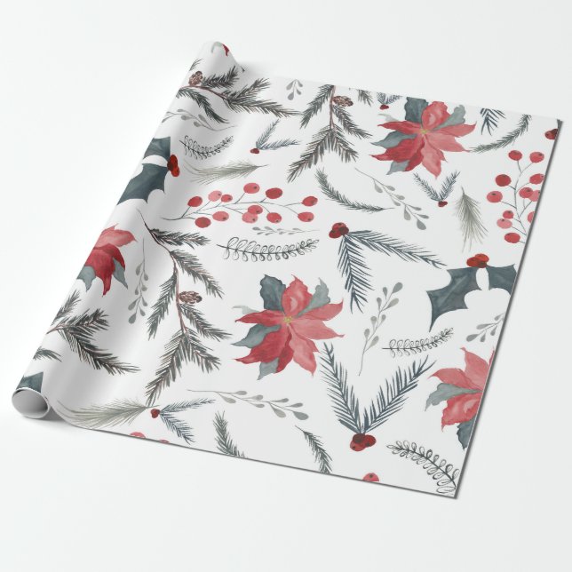 Papier Cadeau Hiver Botanique Pine Berry Wreath Fête (Déroulé)