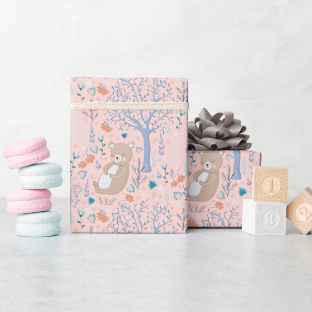 Papier Cadeau Hiver de l'ours floral scandinave (Baby Shower)