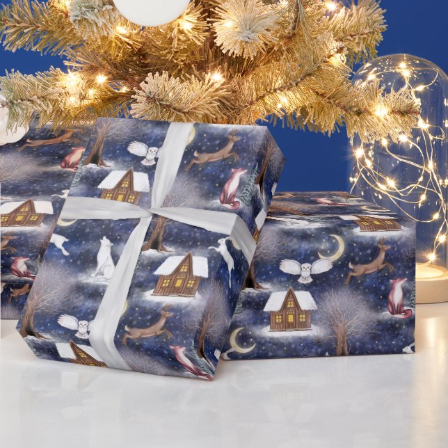 Papier Cadeau Hiver Nuit Forêt Animaux Nature Noël (Vacances)