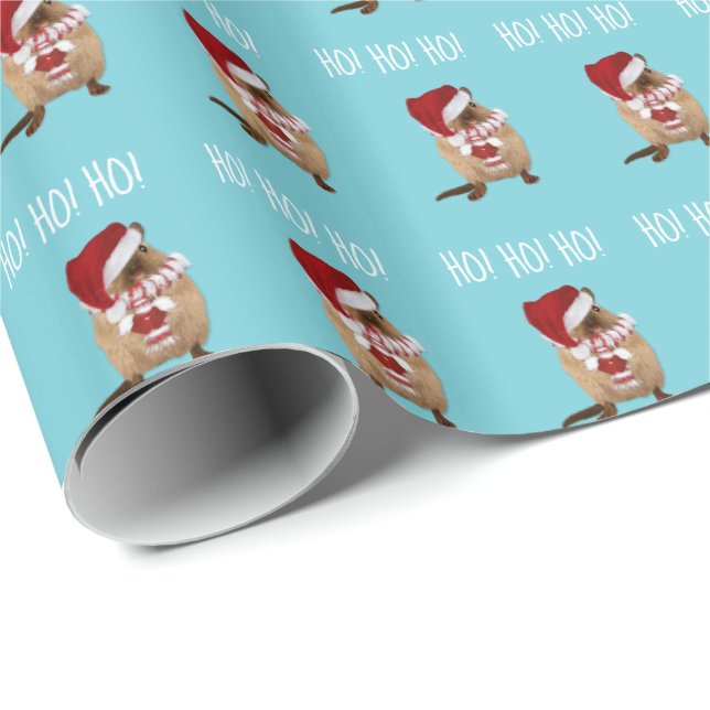 Papier Cadeau Ho ! Ho ! Ho ! Gerbil à Santa Hat, Scarf et Mitten (Coin rond)