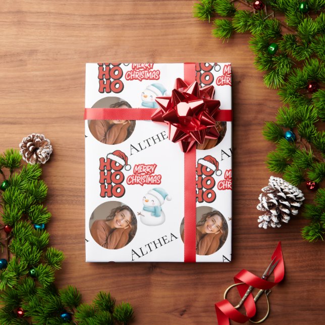 Papier Cadeau Ho Ho Ho Ho moderne Une photo Nom Joyeux Noël (Cadeau de vacances)