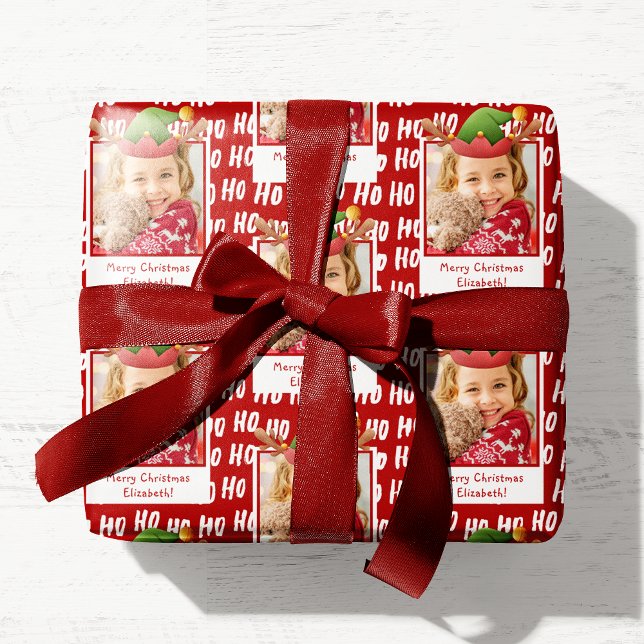 Papier Cadeau Ho Ho Ho Texte Motif de vacances avec photo Noël (Créateur téléchargé)