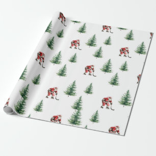 Papier Cadeau Hockey Père Noël et Pins Enveloppement de Noël