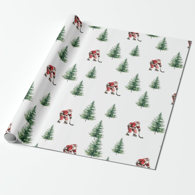 Papier Cadeau Hockey Père Noël et Pins Enveloppement de Noël (Déroulé)
