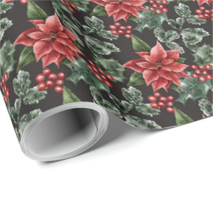 Papier Cadeau Holiday Poinsettias Holly Berries et Feuilles