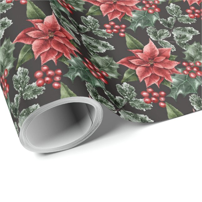 Papier Cadeau Holiday Poinsettias Holly Berries et Feuilles (Coin rond)