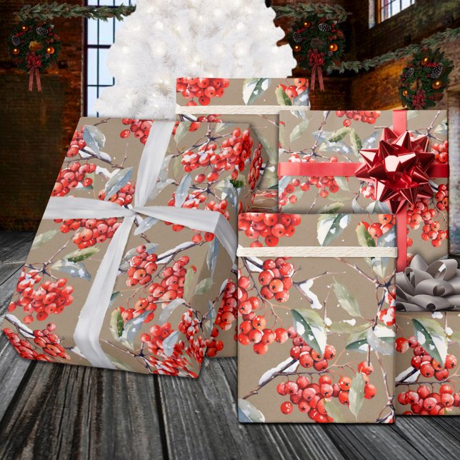Papier Cadeau Holiday Red Winterberry Holly Rustic Kraft (Holiday Red Winterberry Holly Kraft Wrapping Paper Rolls in 6 & 15 foot lengths, matte or semi gloss)