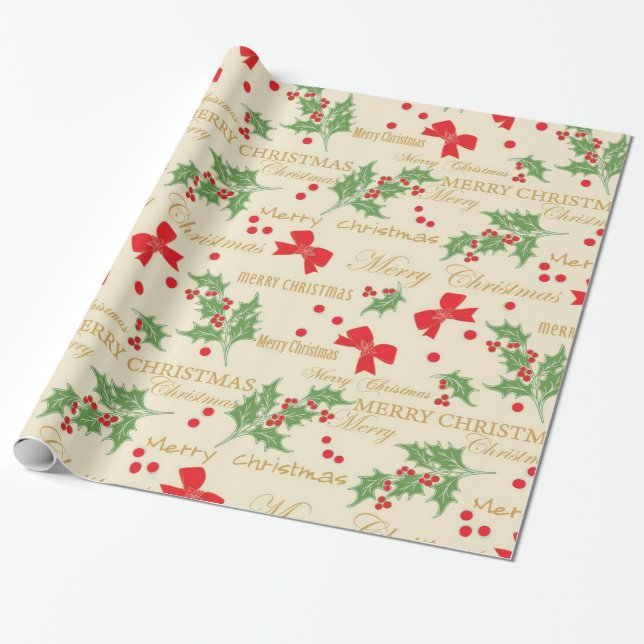 Papier Cadeau Holly Berries Et Bow (Déroulé)