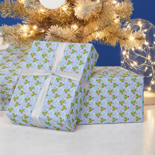Papier Cadeau Holly Berries neige étoiles bleu arrière - plan