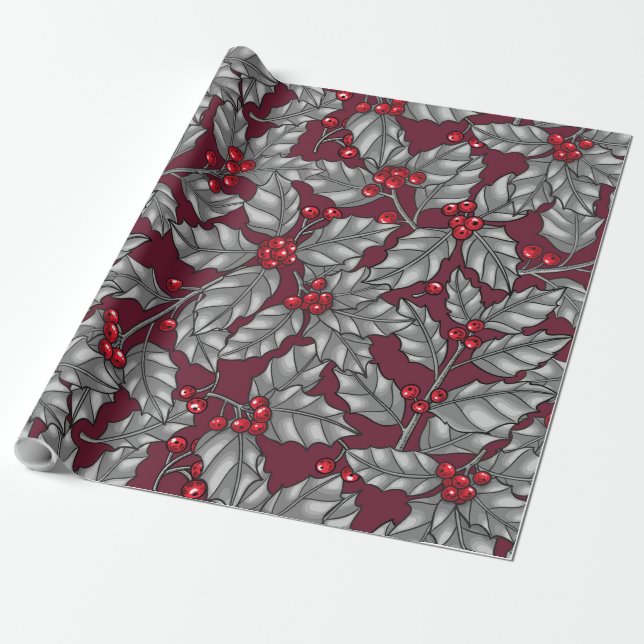 Papier Cadeau Holly berry, gray leaves on dark red (Déroulé)
