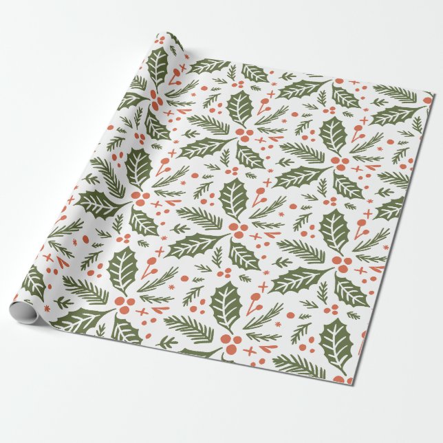 Papier Cadeau Holly Berry Motif d'illustration dessin à la main  (Déroulé)