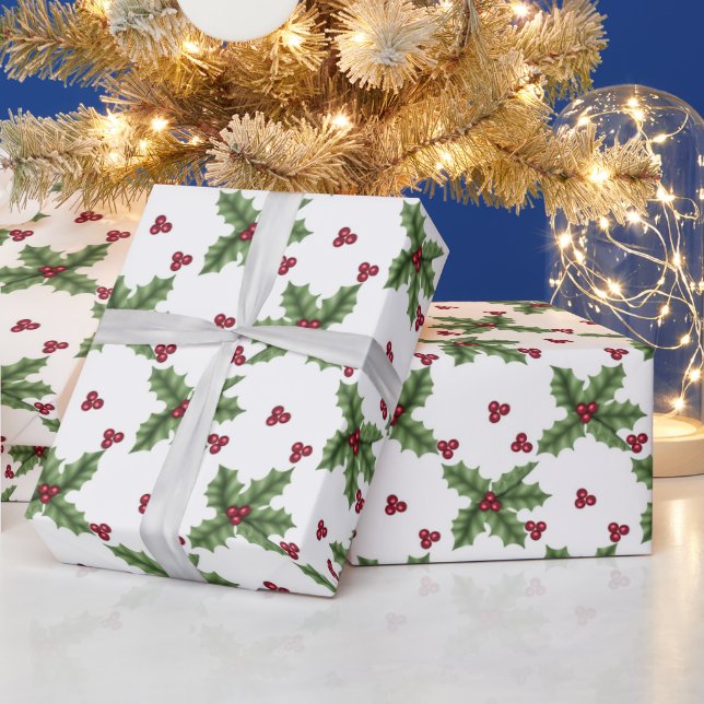 Papier Cadeau Holly et Berries sur White (Vacances)