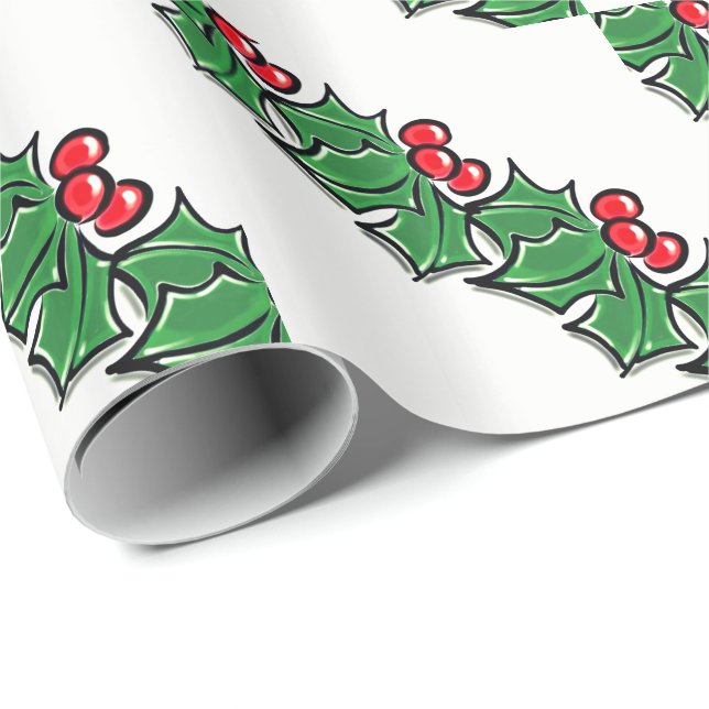 Papier Cadeau Holly Feuilles, Holly Berries, couronne de Noël (Coin rond)