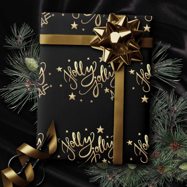 Papier Cadeau Holly Jolly AF | Shiny Gold Faux Foil Script (Créateur téléchargé)