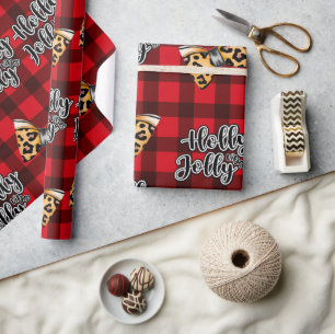 Papier Cadeau Holly Jolly Buffalo Plaid Christmas & Leopard Bows