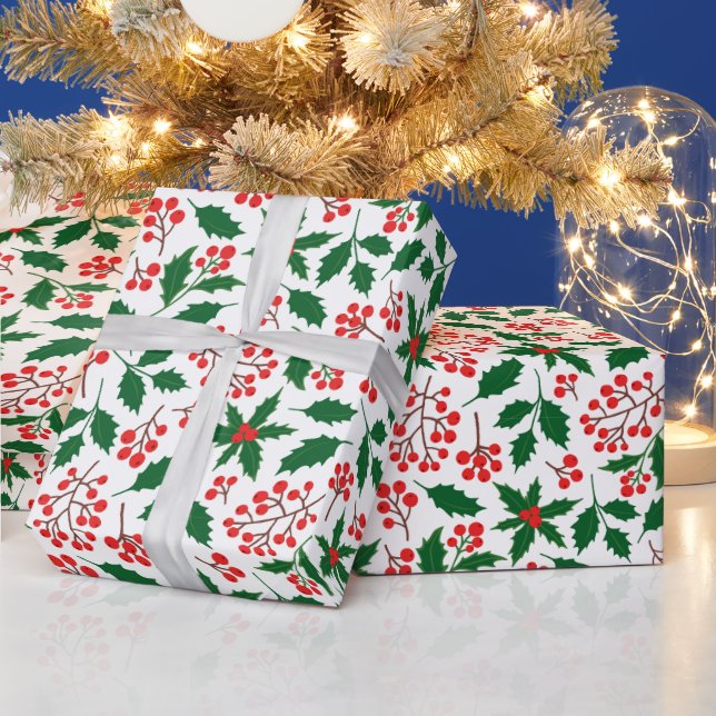 Papier Cadeau Holly Red Berries Botanical Christmas Holiday (Vacances)
