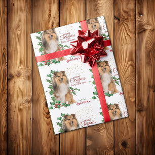 Papier Cadeau Holly Red Berry Shetland Sheepdog Noël