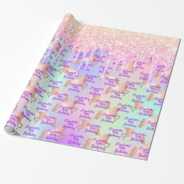Papier Cadeau Holographie rose d'anniversaire de licorne personn (Déroulé)
