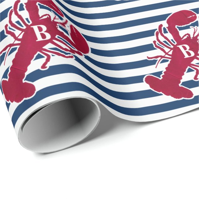 Papier Cadeau Homard rouge nautique rayure bleue et blanche | B (Coin rond)