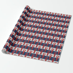 Papier Cadeau Homards nautiques sur bandes bleu et gris de la Ma